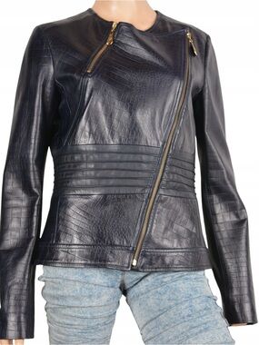 Versace Navy Croc-Embossed Asymmetrical Zip Biker Leather Jacket